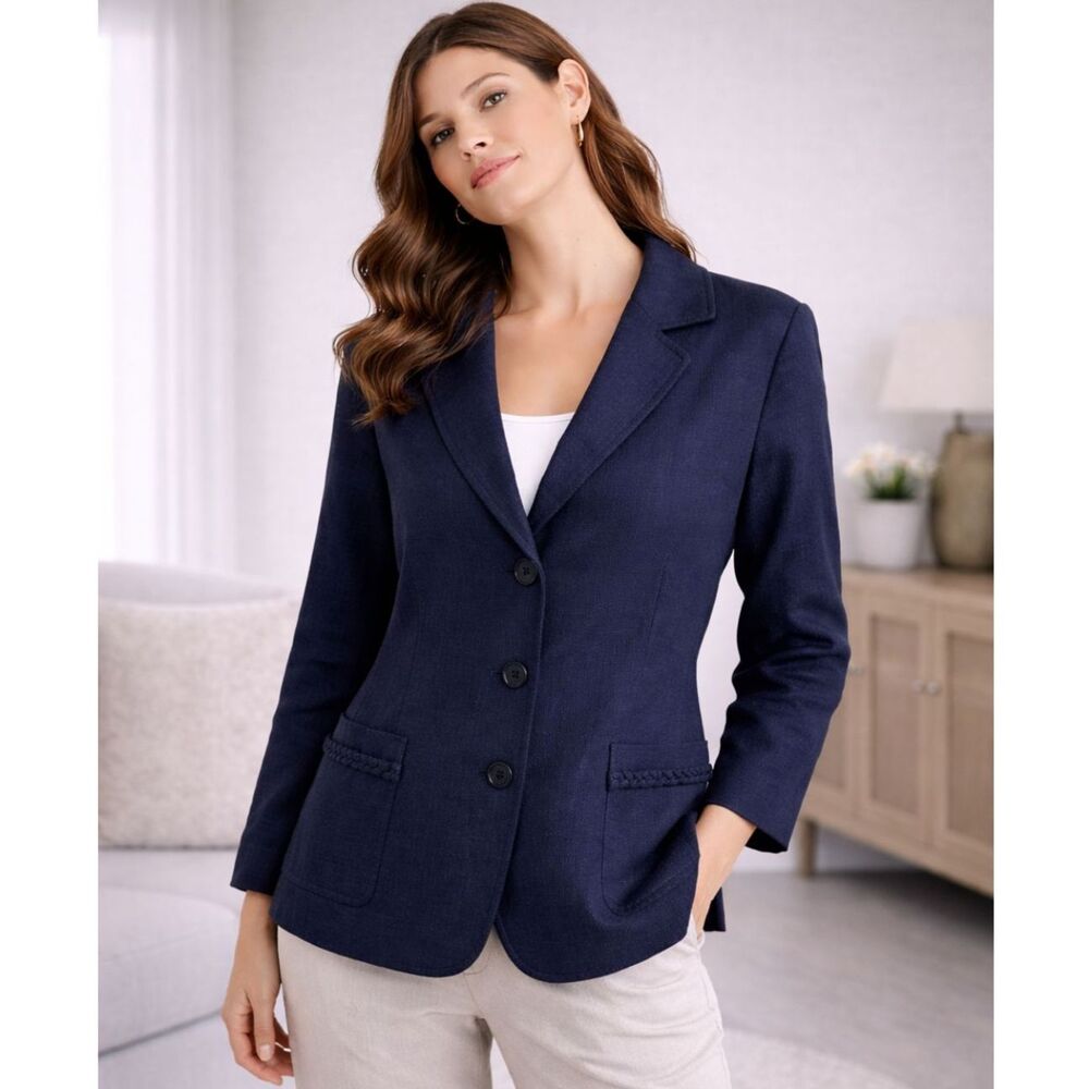 Linen Blend Talbots Long Sleeves Notch Lapel Jacket Blue 12
